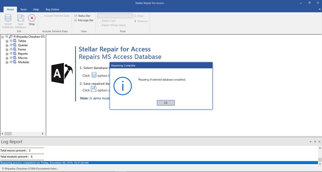 Show preview of Recovered Access data on Software Panel